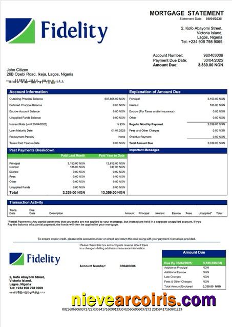 Nigeria Fidelity Bank mortgage statement Word and PDF template